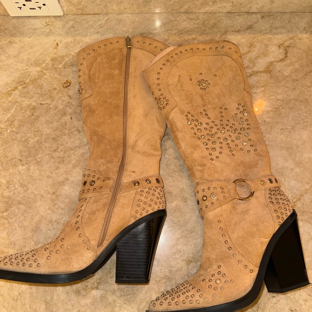 Nasty Gal Tan Studded Heeled Boots